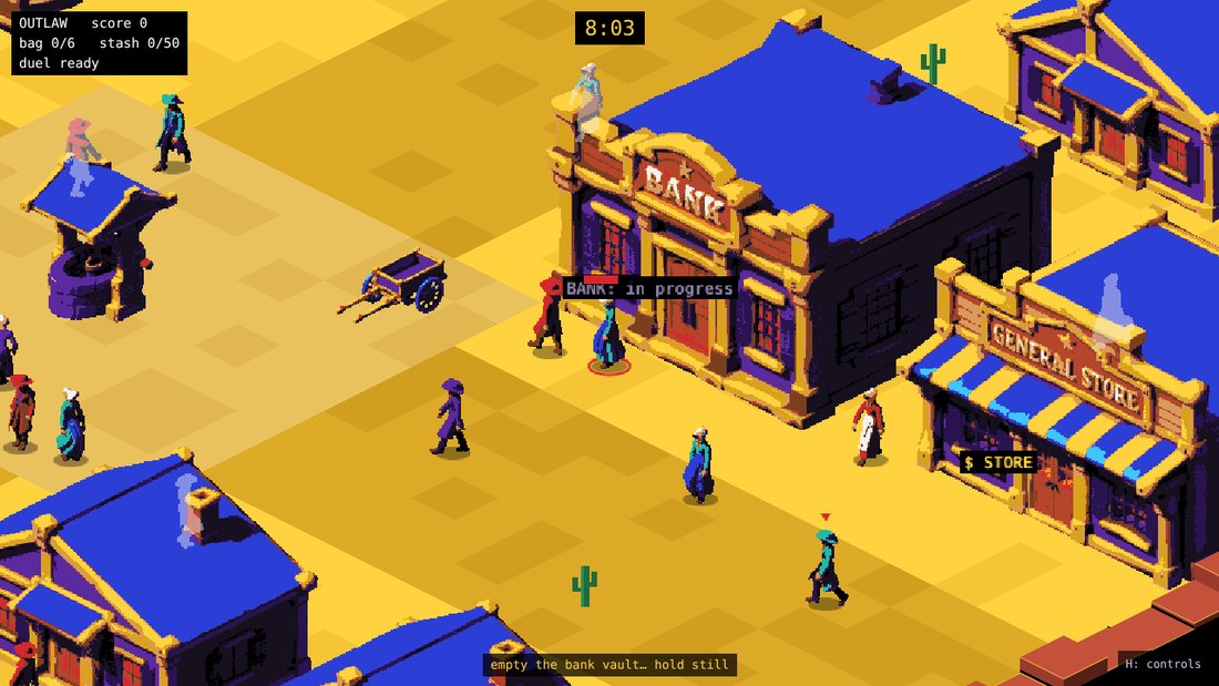 An outlaw empties the bank vault, a progress bar above his head